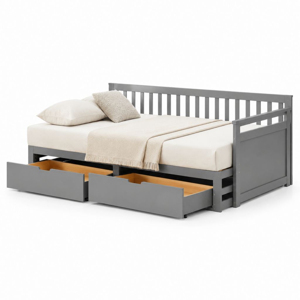 Lit-divan simple en bois gris avec 2 tiroirs, 205 × 96 × 80 cm, pour matelas 90 × 200 cm
