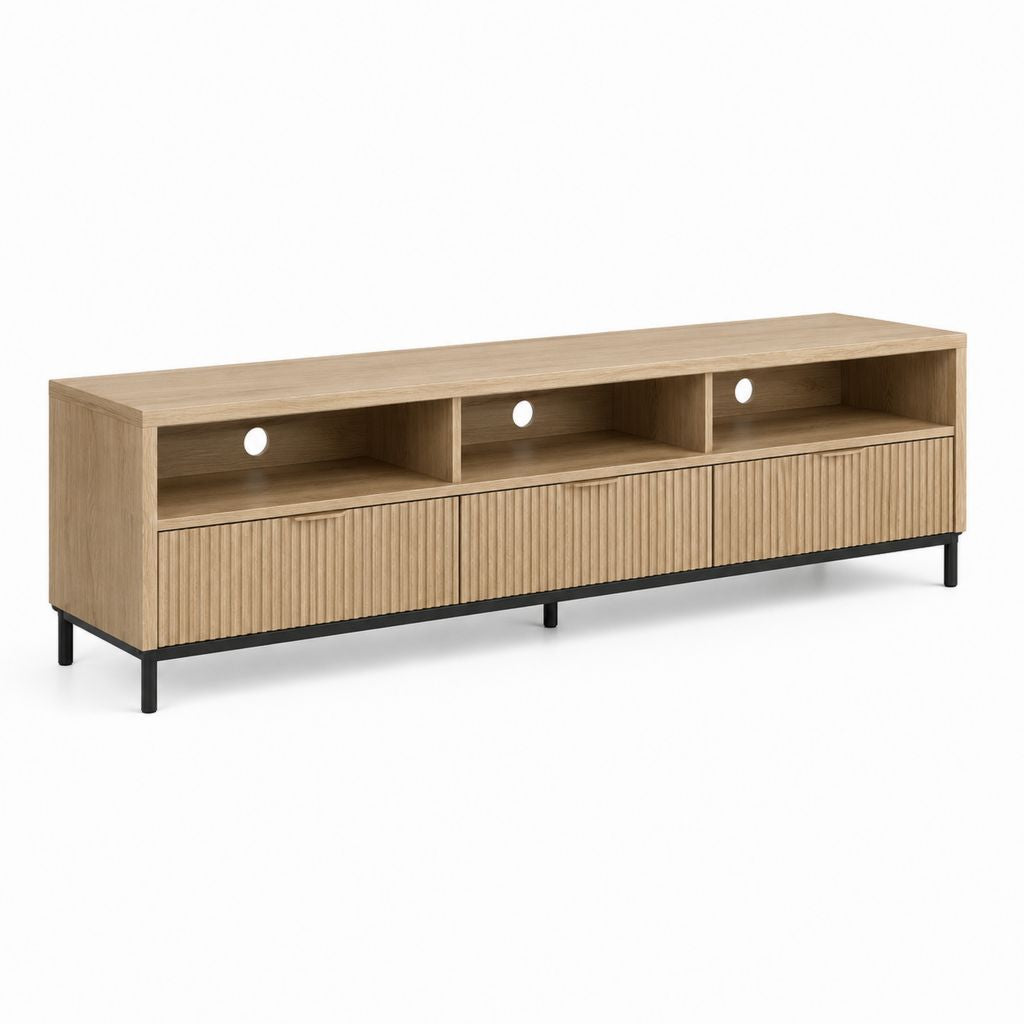 Meuble TV basse rectangulaire en bois et métal avec 3 compartiments ouverts et 3 compartiments fermés, chêne naturel et noir, 180 × 40 × 60 cm