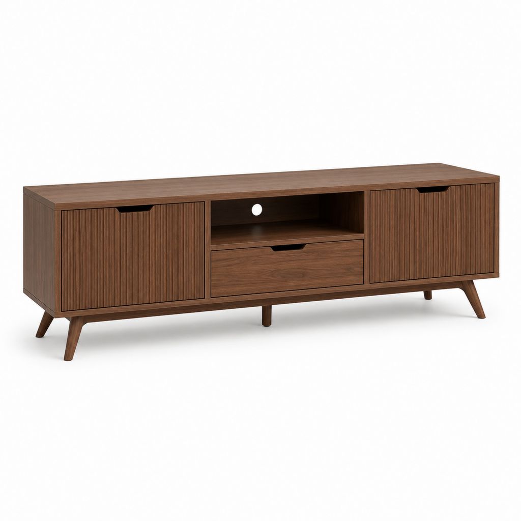 Mobile TV rectangulaire en MDF plaqué en noyer avec 2 portes, 1 tiroir et compartiment ouvert, 160 × 40 × 55 cm, brun noyer