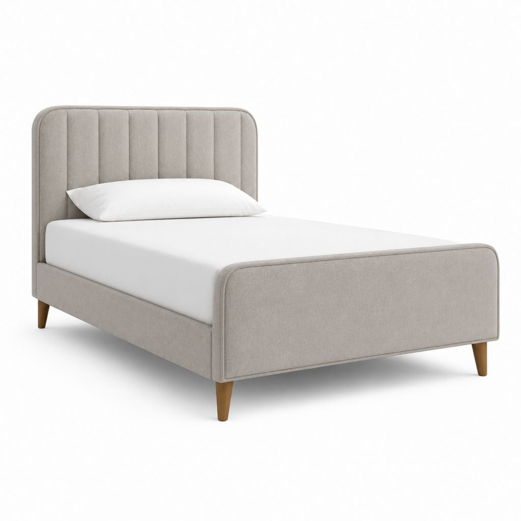 Lit simple rembourré beige en tissu et bois, surface 90 × 200 cm, dimensions 214 × 104 × 110 cm, tête de lit rainurée