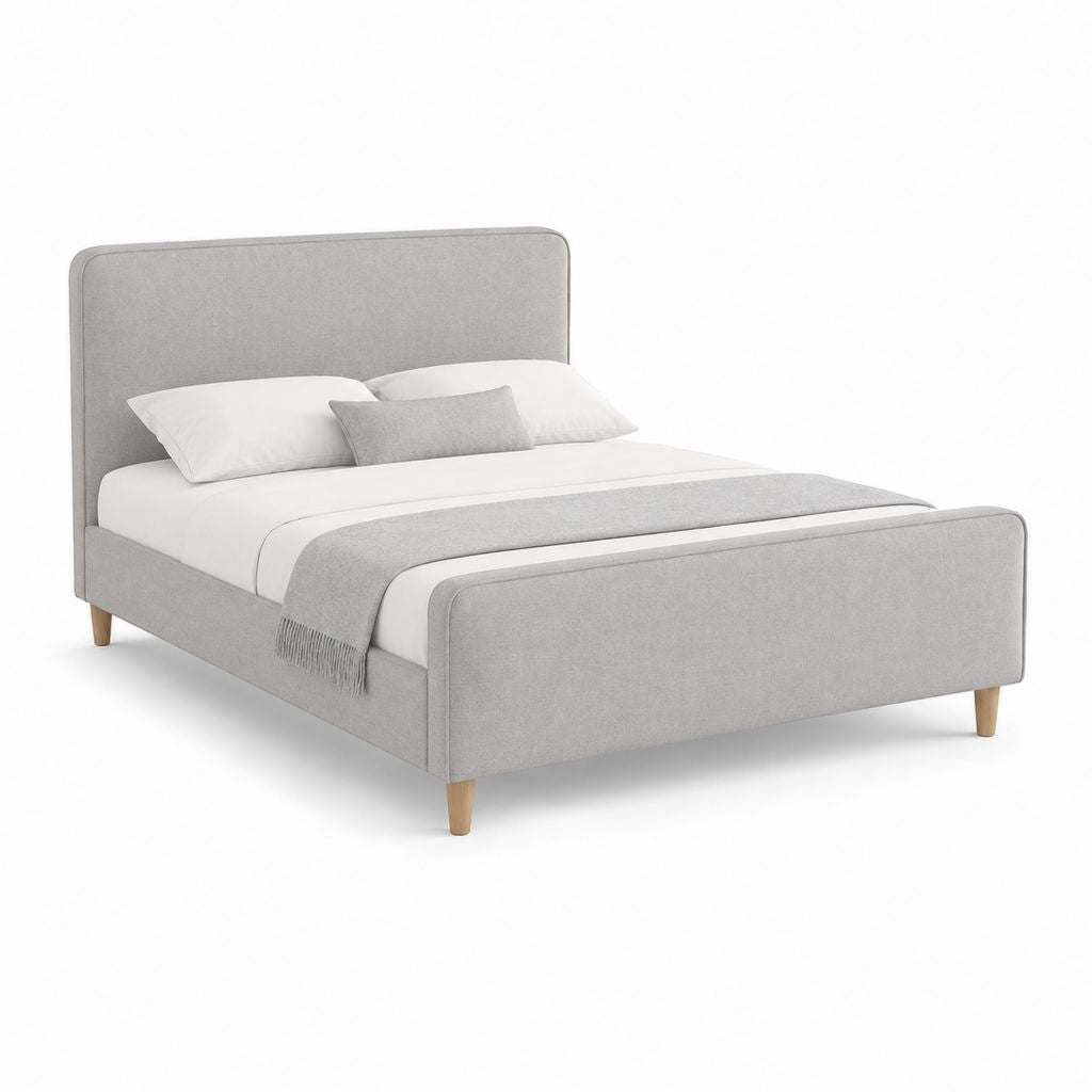 Lit double rembourré 160 × 200 cm en polyester gris clair avec tête de lit, pédier et filet à lattes