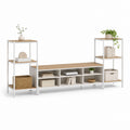 Ensemble de meubles TV d'intérieur en 3 pièces, meuble central et 2 étagères latérales en acier et panneaux de particules, chêne naturel et blanc, 240 × 40 × 150 cm