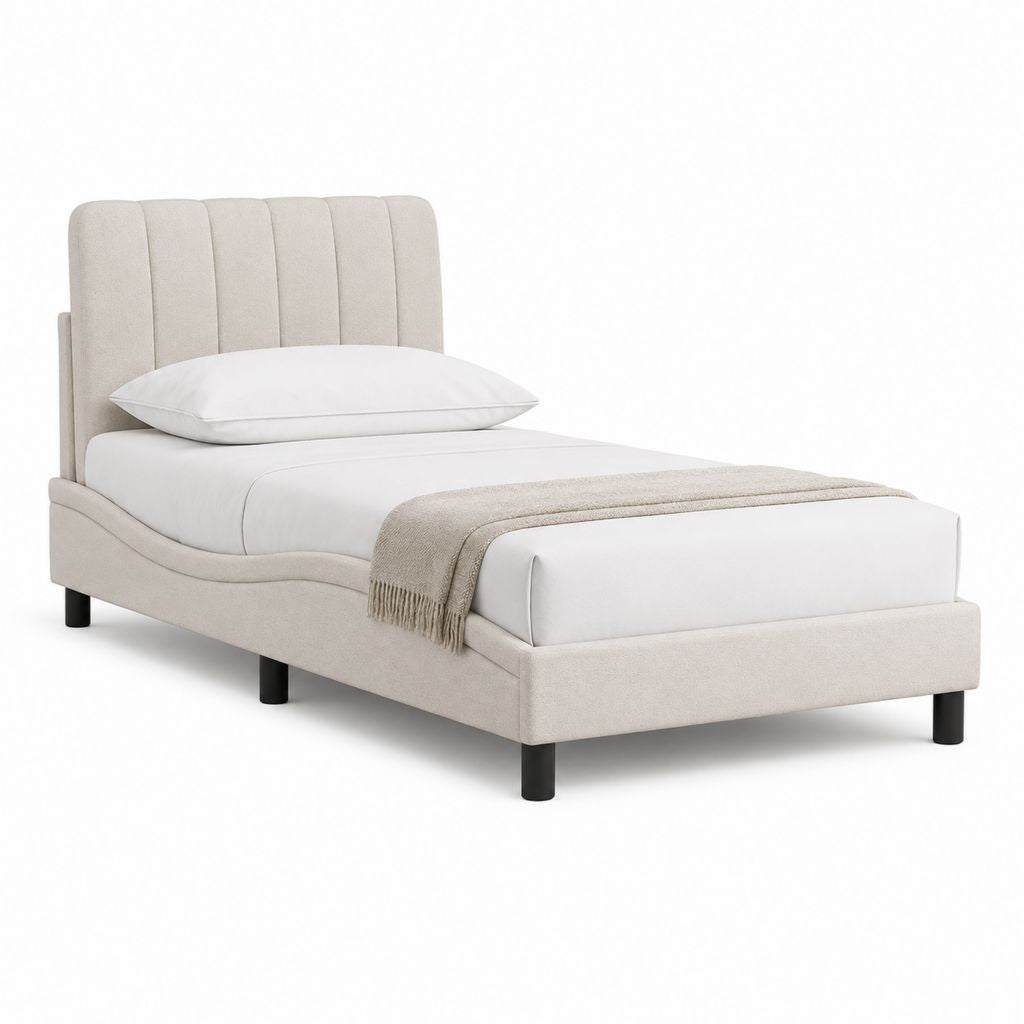 Lit simple rembourré en tissu beige 102 × 212 × 105 cm, pour matelas 90 × 200 cm, avec tête de lit et filet à lattes