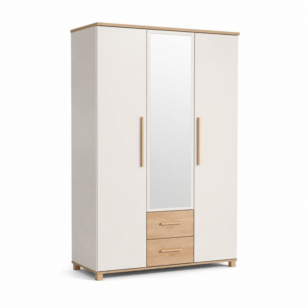 Armoire de garde-robe à 3 portes avec miroir et 2 tiroirs en panneaux de mélaminé blanc et chêne, 120 × 52 × 190 cm