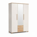 Armoire de garde-robe à 3 portes avec miroir et 2 tiroirs en panneaux de mélaminé blanc et chêne, 120 × 52 × 190 cm