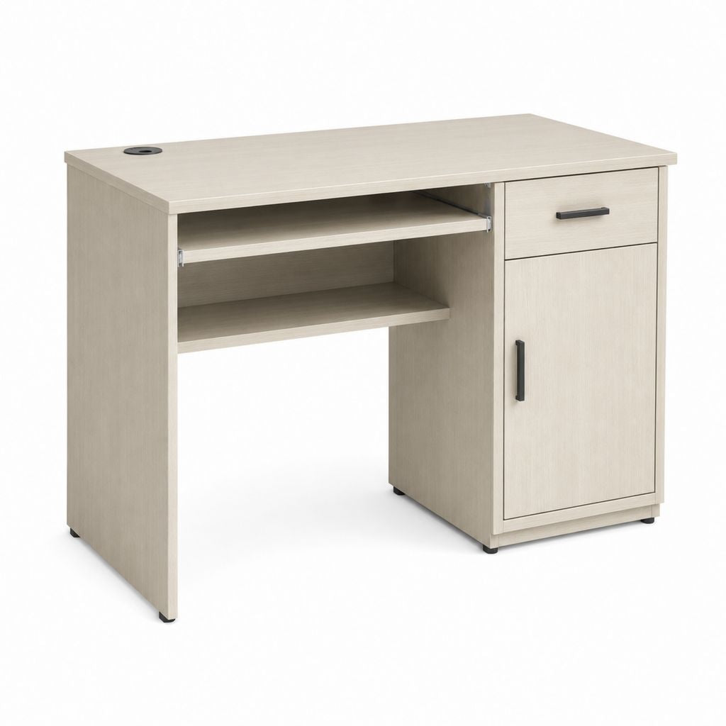 Bureau d'ordinateur en maquillage mélaminé avec tiroir, armoire, plateau et plateau à clavier, chêne blanchi et noir, 100 × 50 × 75 cm
