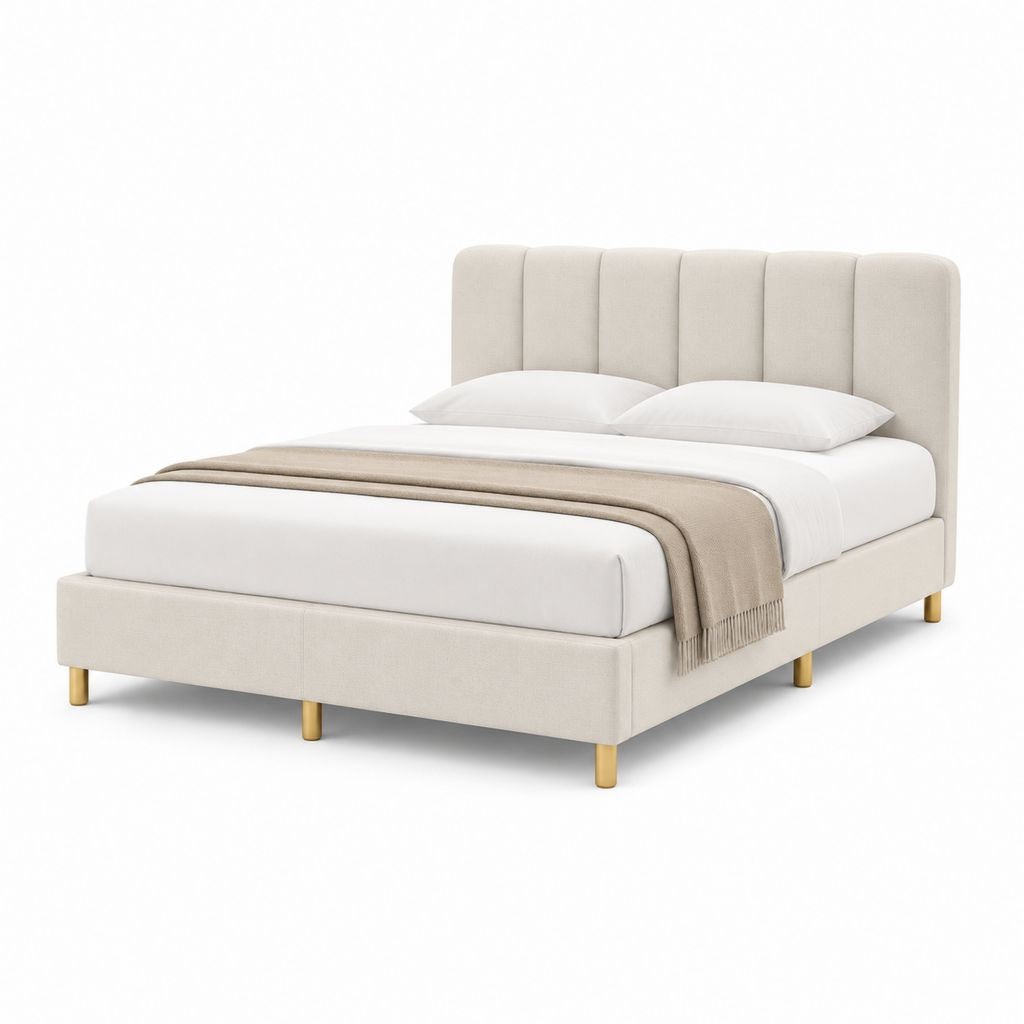 Lit double rembourré 160 × 200 cm en polyester beige avec tête de lit et pieds en acier doré