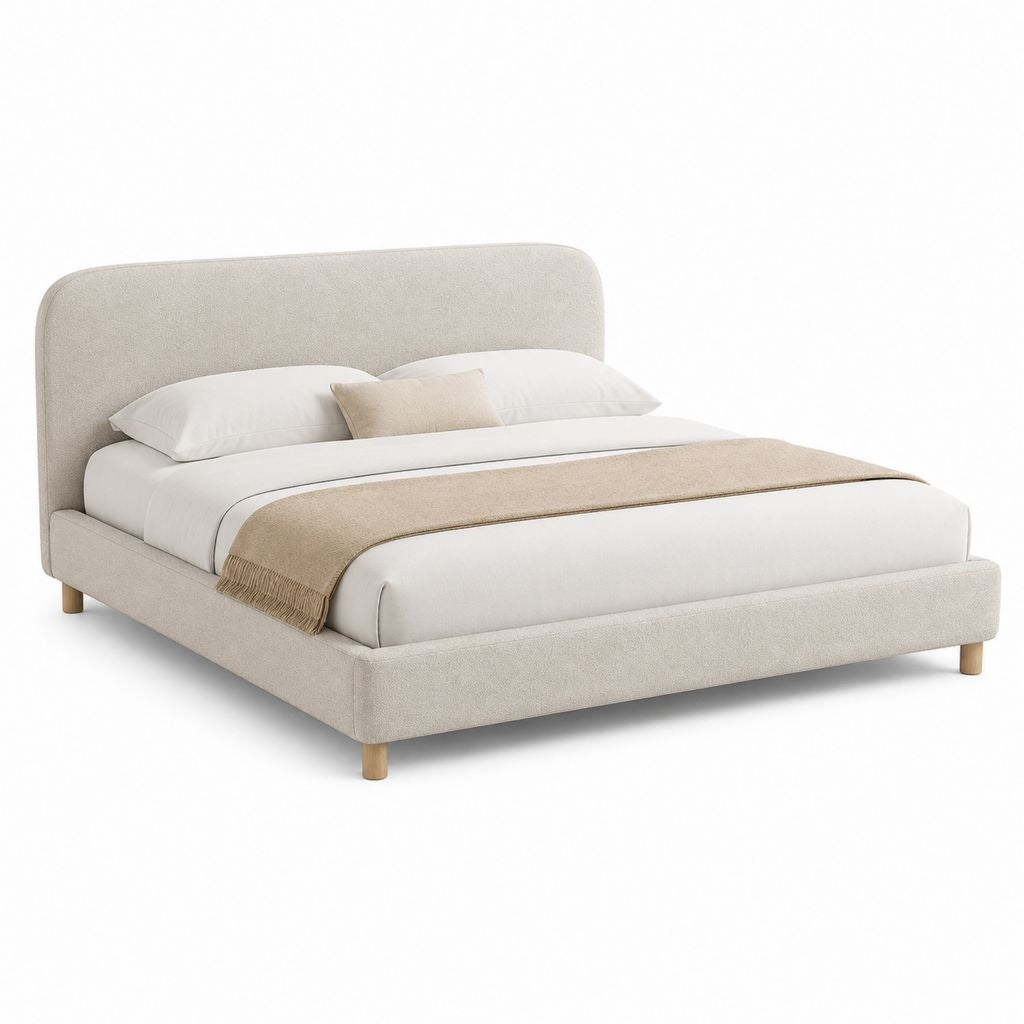 Lit double rembourré beige 160 × 200 cm en tissu, dimensions totales 176 × 218 × 105 cm, avec tête arrondie