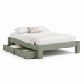 Lit double en bois avec 2 tiroirs, vert sauge, pour matelas 160 × 200 cm, dimensions 208 × 168 × 50 cm
