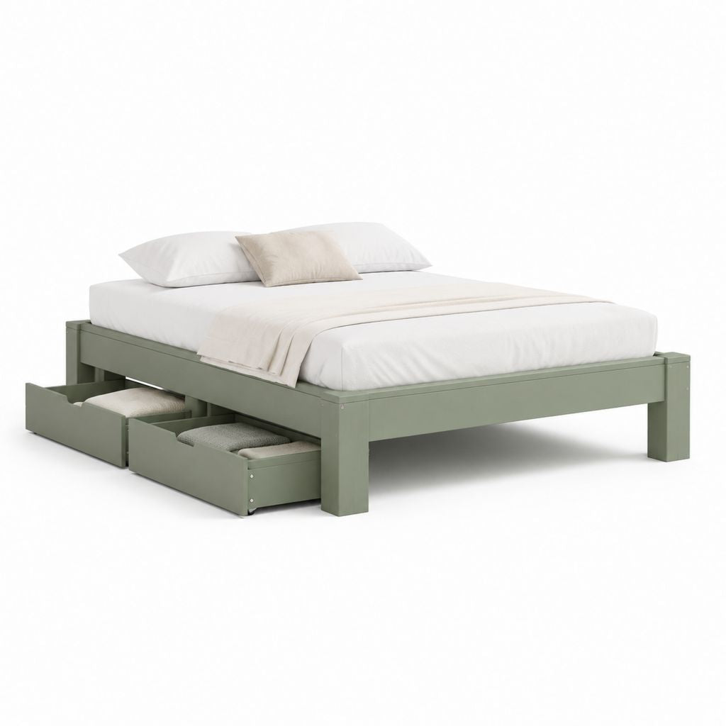 Lit double en bois avec 2 tiroirs, vert sauge, pour matelas 160 × 200 cm, dimensions 208 × 168 × 50 cm