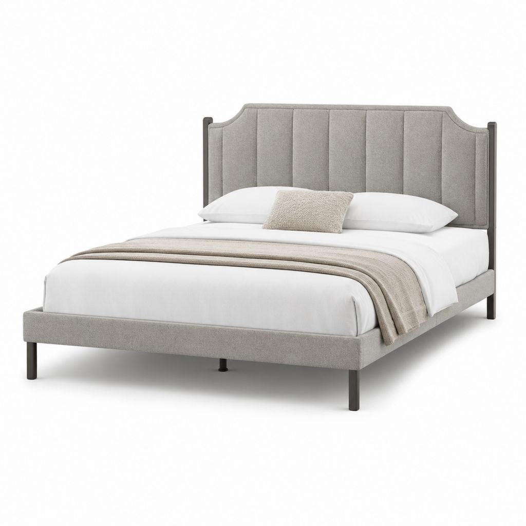 Lit double 160 × 200 cm en tissu gris et métal noir avec tête rembourrée et filet à lattes