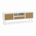 Mobile TV rectangulaire en MDF et rotin avec 2 portes, 1 tiroir et compartiment ouvert, blanc et naturel, 140 × 40 × 58 cm