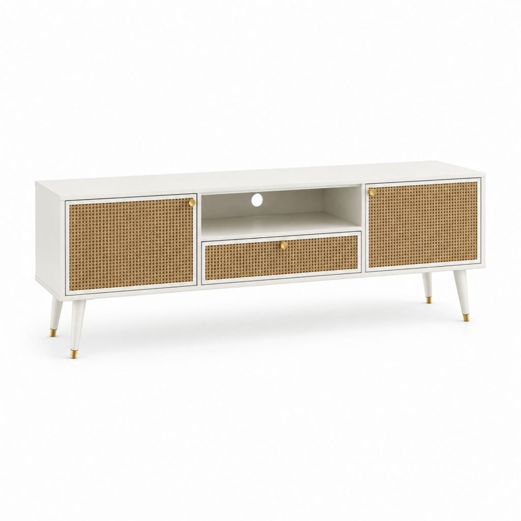 Mobile TV rectangulaire en MDF et rotin avec 2 portes, 1 tiroir et compartiment ouvert, blanc et naturel, 140 × 40 × 58 cm