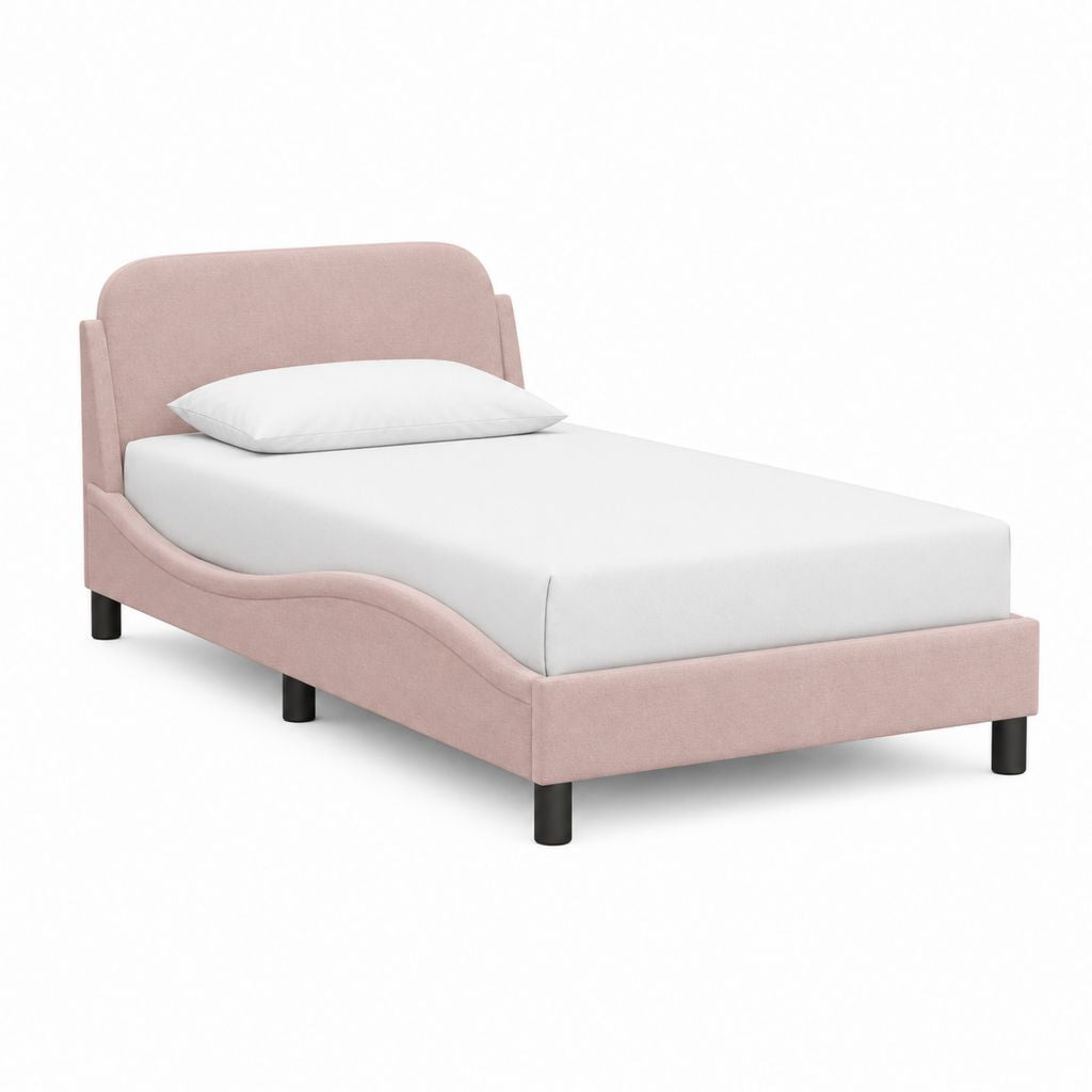Lit simple rembourré en polyester rose ancien avec tête de lit et rond-lit façonné, pour matelas 90 × 190 cm, dimensions 101 × 203 × 103 cm