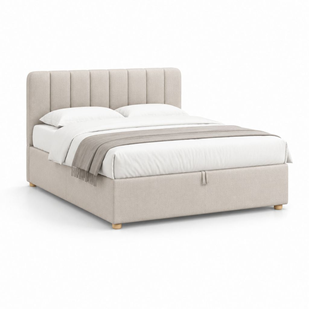 Lit double conteneur 160 × 200 cm en tissu beige avec tête de lit rembourrée