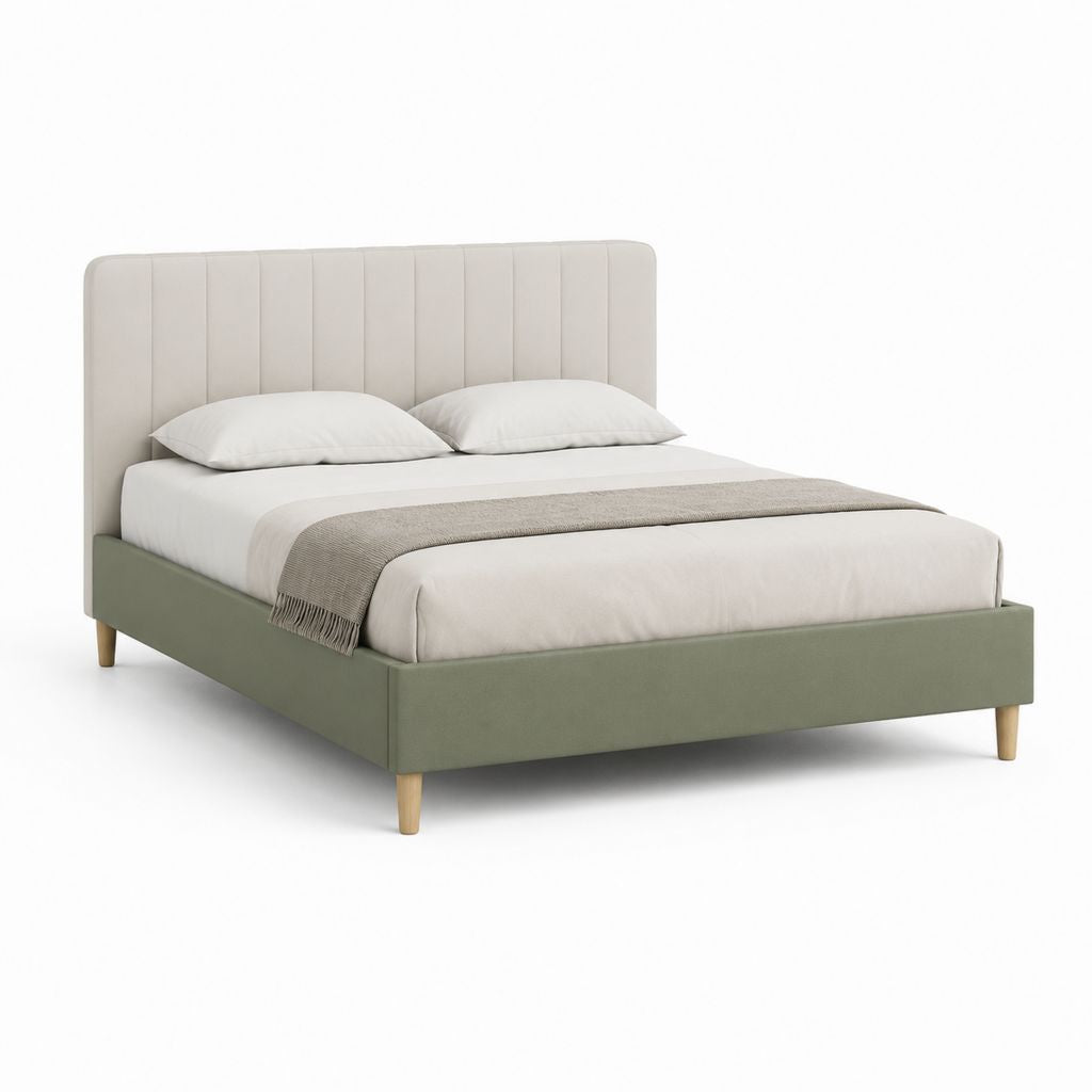 Lit double rembourré beige et vert sauge, pour matelas 160 × 200 cm, dimensions 169 × 214 × 112 cm