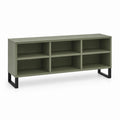 Mobile porte TV rectangulaire en bois et acier avec 6 compartiments ouverts, vert olive et noir, 140 × 40 × 70 cm