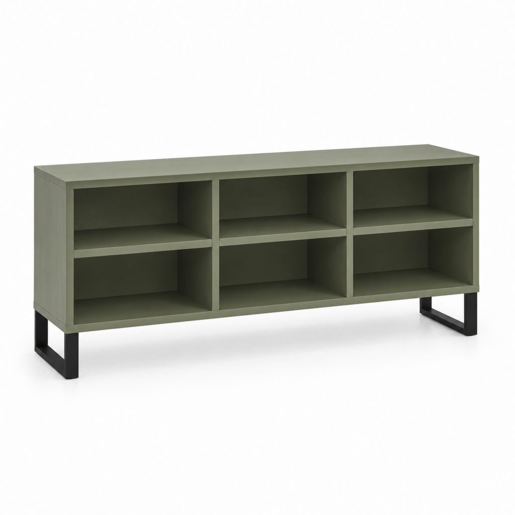 Mobile porte TV rectangulaire en bois et acier avec 6 compartiments ouverts, vert olive et noir, 140 × 40 × 70 cm