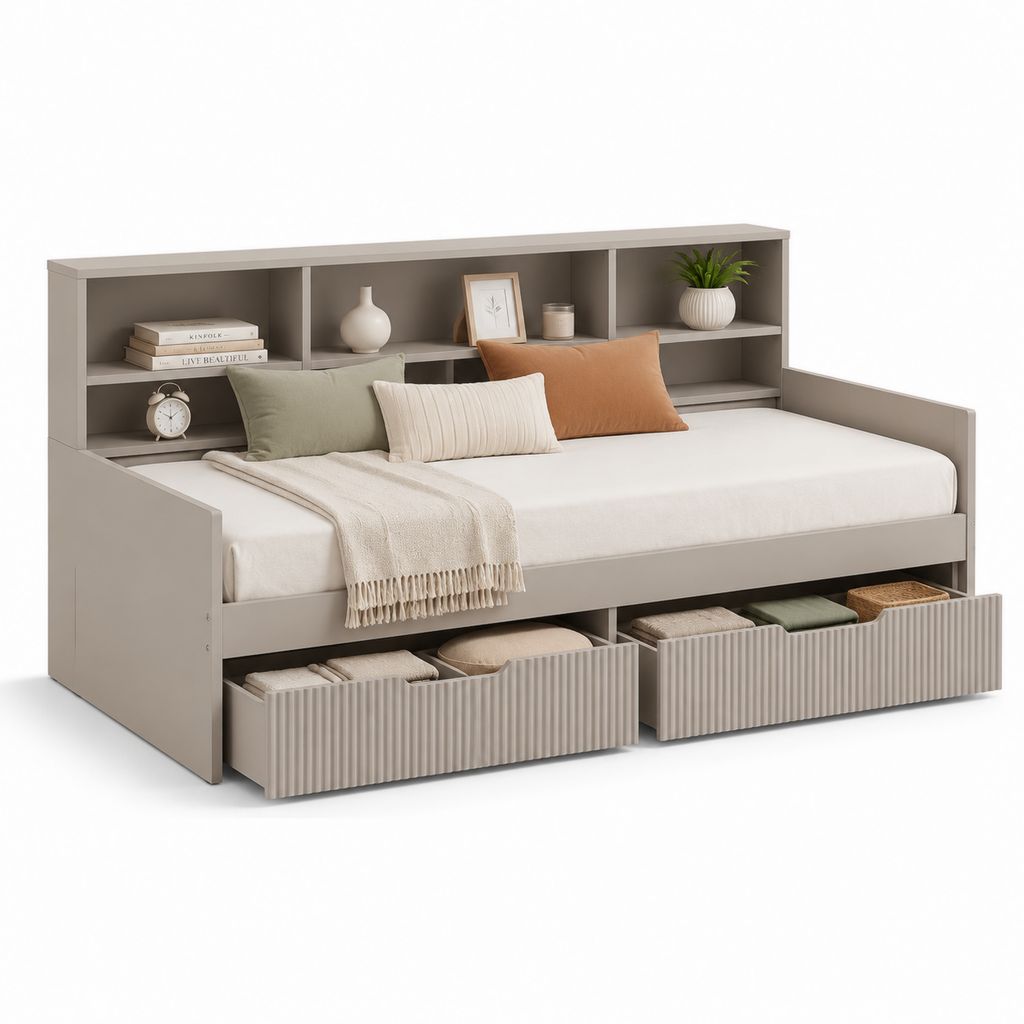 Lit simple en panneau de mélaminé tourterelle avec 2 tiroirs et 6 compartiments, matelas 90 × 200 cm, 218 × 111 × 110 cm