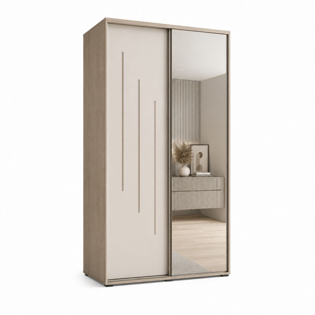 Armoire armoire en bois à 2 portes coulissantes avec miroir, beige, tourterelle et chêne clair, 120 × 60 × 210 cm