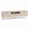 Mobile TV en MDF et acier beige et or avec 2 portes, 1 tiroir et compartiment ouvert, 160 × 40 × 55 cm