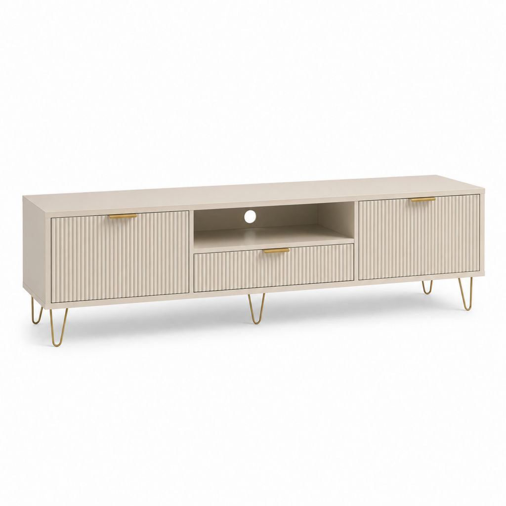 Mobile TV en MDF et acier beige et or avec 2 portes, 1 tiroir et compartiment ouvert, 160 × 40 × 55 cm