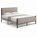 Lit double rembourré 160 × 200 cm en cuir synthétique PU tourterelle avec cadre en acier noir, dimensions 215 × 168 × 110 cm
