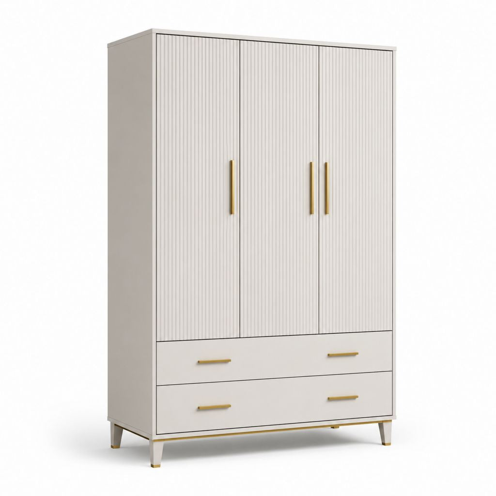 Armoire de rangement à 3 portes rainurées et 2 tiroirs en MDF et panneaux de particules, blanc cassé et or, 120 × 50 × 190 cm