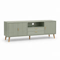 Mobile TV basse vert sauge en MDF et maquillage avec 2 portes, 2 tiroirs et compartiment ouvert, 160 × 40 × 68 cm