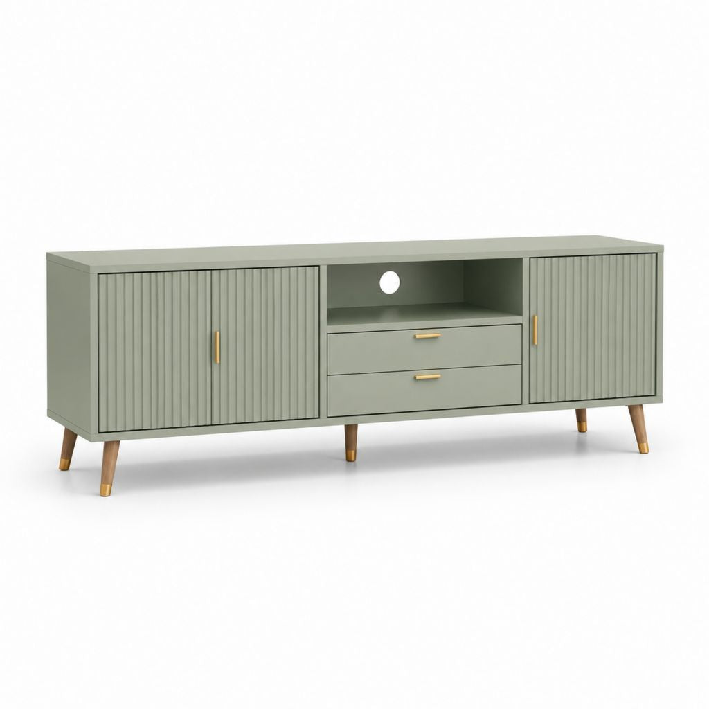 Mobile TV basse vert sauge en MDF et maquillage avec 2 portes, 2 tiroirs et compartiment ouvert, 160 × 40 × 68 cm