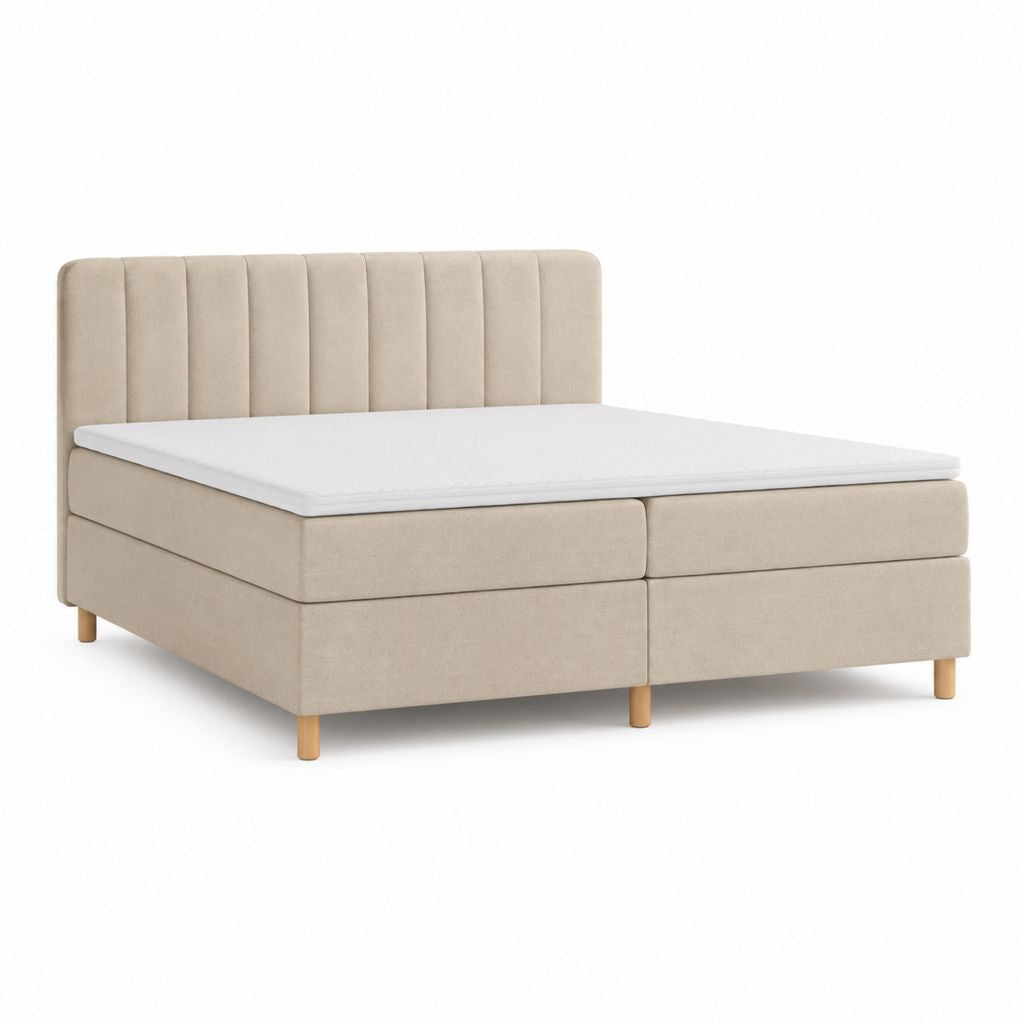 Lit double continental en tissu beige avec pieds de couleur bois naturel, 180 × 200 cm, 2 matelas, surmatelas et tête de lit rembourrée