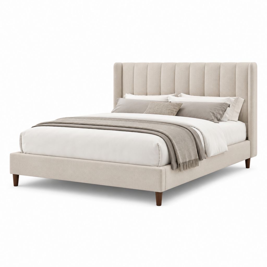Lit double rembourré 160 × 200 cm en polyester beige avec tête rectangulaire, 174 × 215 × 120 cm