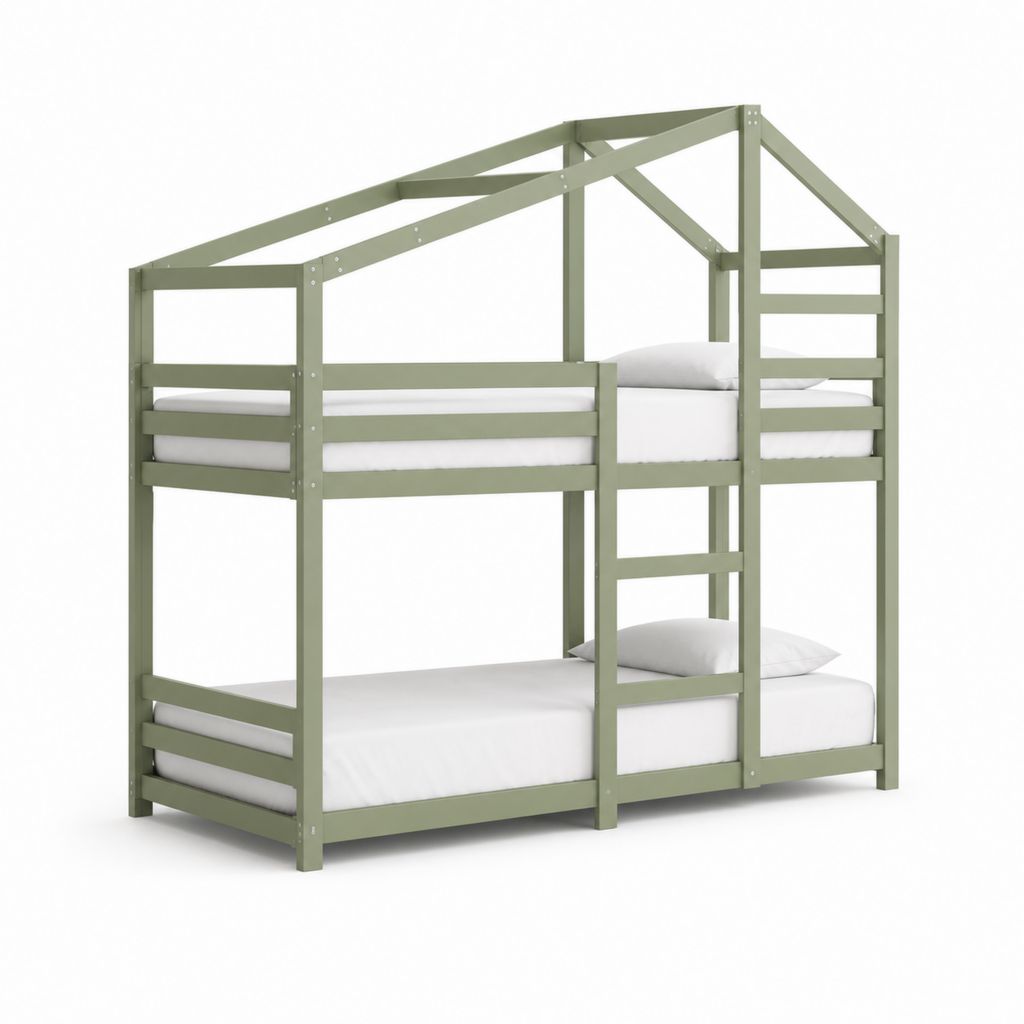Lit superposé pour enfants en forme de maison en bois vert, 207 × 98 × 205 cm, couchage 90 × 200 cm