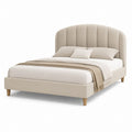 Lit double rembourré en tissu beige 176 × 218 × 125 cm, sommier pour matelas 160 × 200 cm et tête de lit arquée