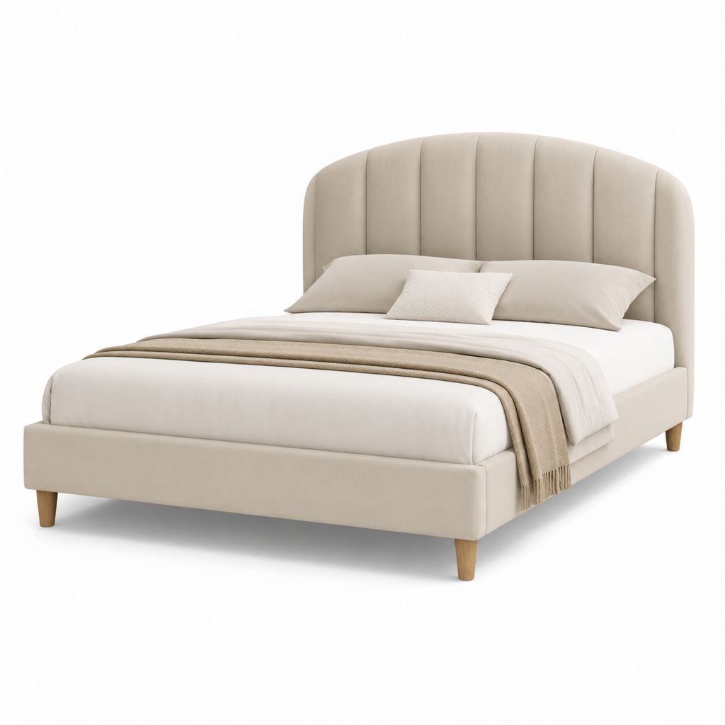 Lit double rembourré en tissu beige 176 × 218 × 125 cm, sommier pour matelas 160 × 200 cm et tête de lit arquée