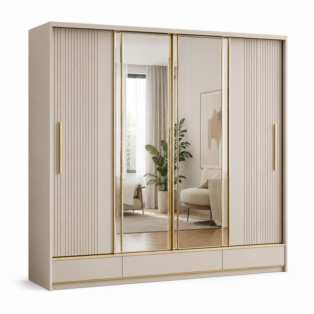 Armoire armoire rectangulaire à 4 portes avec 2 miroirs et 3 tiroirs en MDF, métal et verre, beige et champagne, 240 × 60 × 220 cm