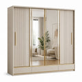 Armoire armoire rectangulaire à 4 portes avec 2 miroirs et 3 tiroirs en MDF, métal et verre, beige et champagne, 240 × 60 × 220 cm