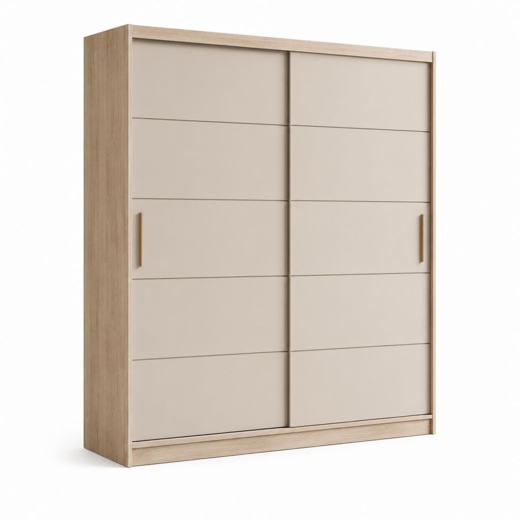 Armoire de garde-robe à 2 portes coulissantes en MDF et maquillage mélaminé chêne naturel et beige, 180 × 60 × 220 cm