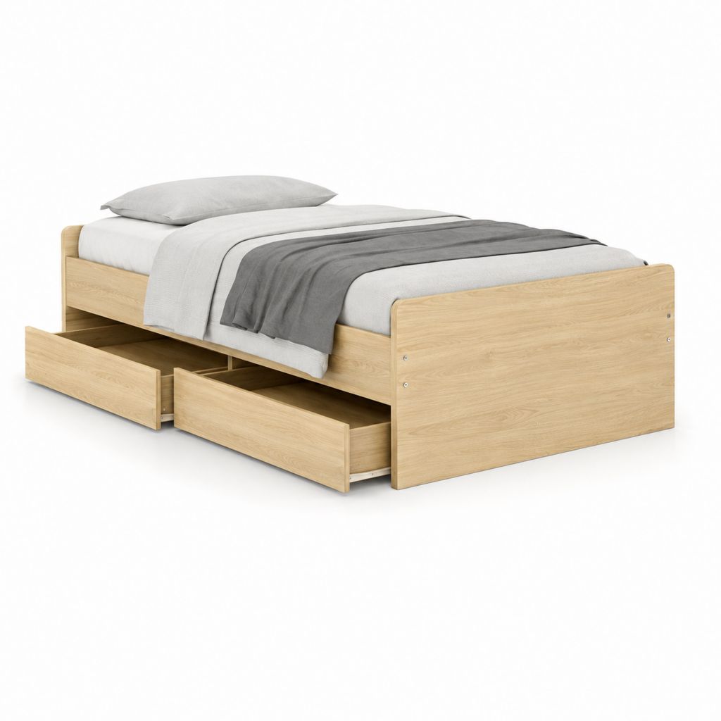 Lit simple récipient en bois chêne naturel avec 2 tiroirs, pour matelas 90 × 190 cm, 196 × 96 × 70 cm