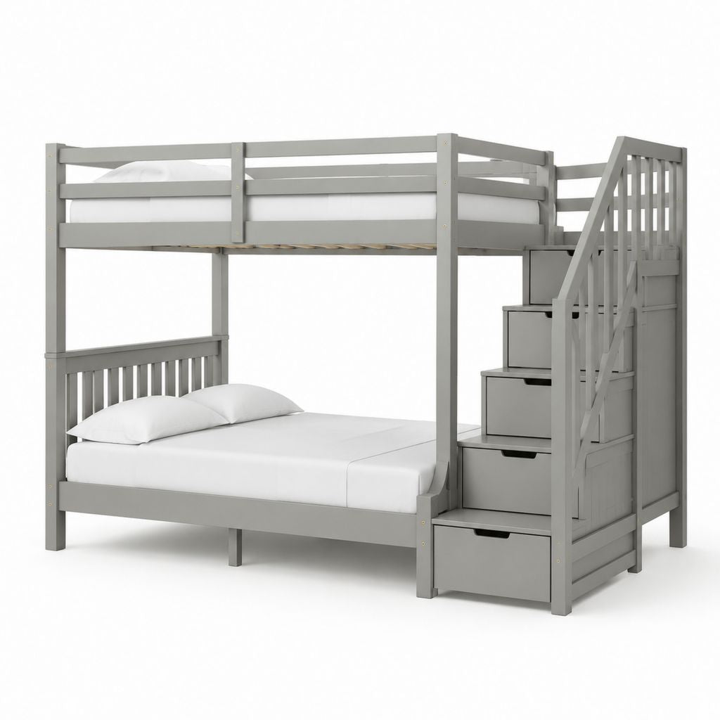 Lit superposé en pin massif à 3 places avec échelle de rangement et 4 tiroirs, gris, 257 × 147 × 170 cm