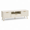 Mobile TV rectangulaire en bois beige et or avec 2 portes, tiroir et compartiment ouvert, 160 × 40 × 60 cm