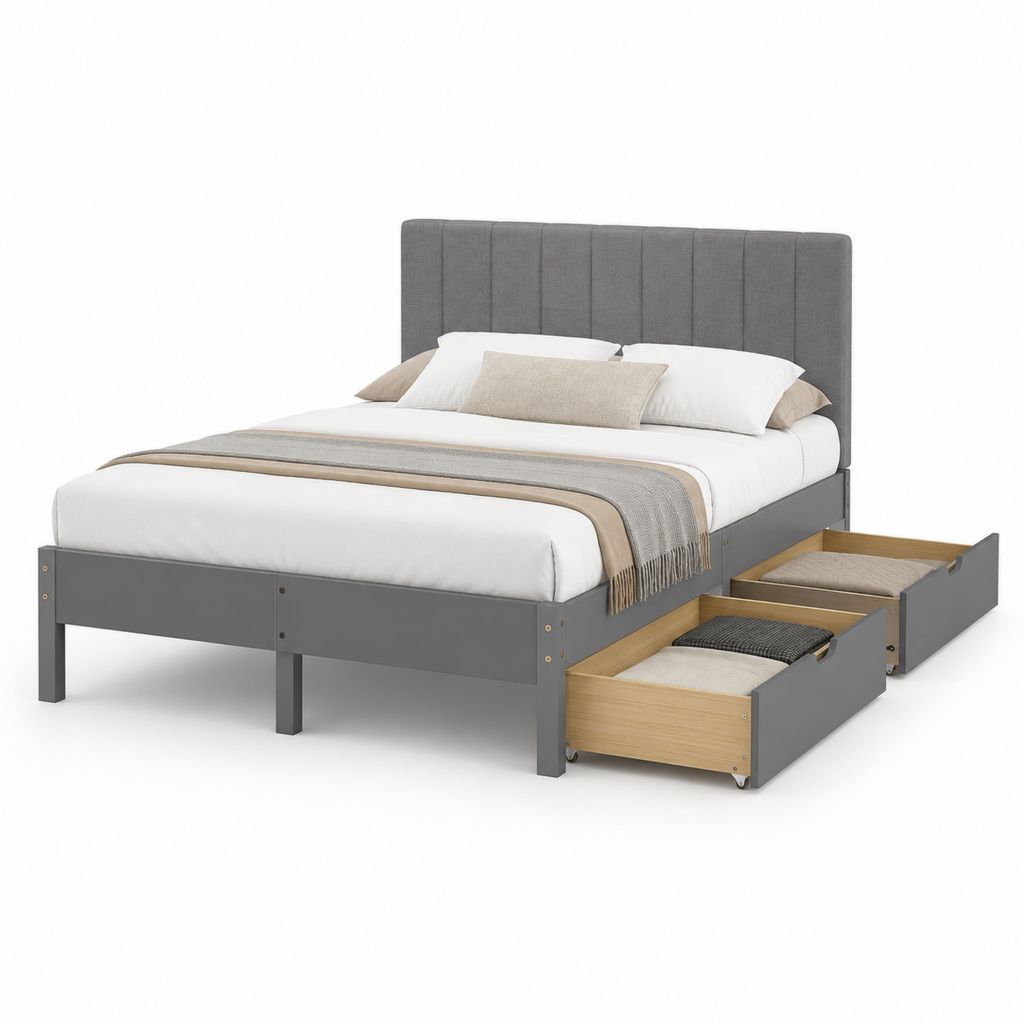 Lit double en MDF gris foncé et chêne naturel 166 × 216 × 110 cm, filet 160 × 200 cm, tête de lit rembourrée et 2 tiroirs