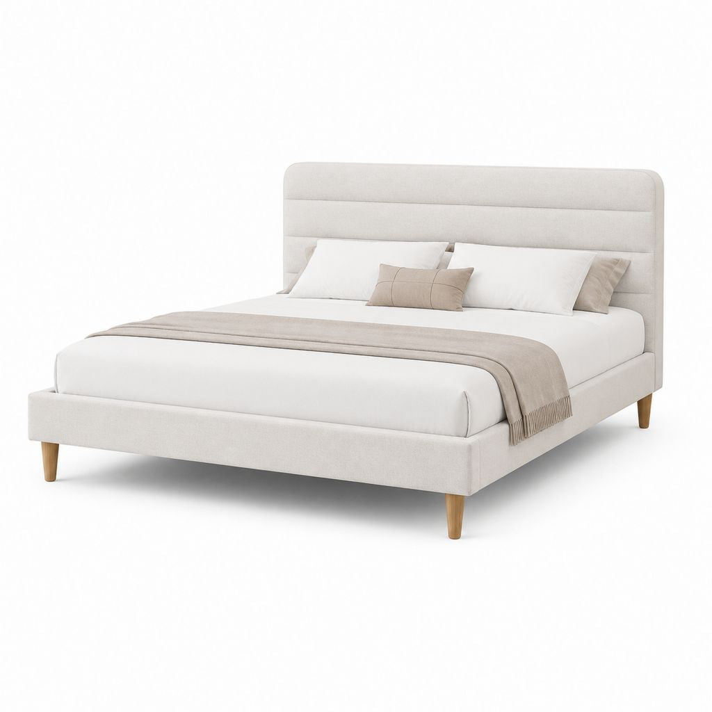 Lit double rembourré beige en tissu et bois 171 × 216 × 110 cm, filet 160 × 200 cm, tête de lit en bandes