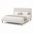 Lit double rembourré beige en tissu et bois 171 × 216 × 110 cm, filet 160 × 200 cm, tête de lit en bandes