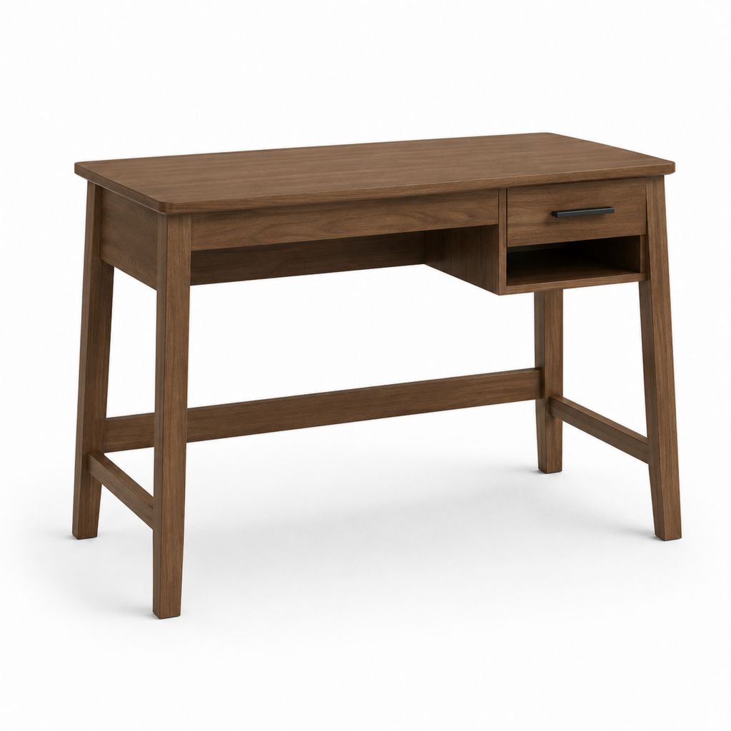 Bureau en bois avec tiroir et compartiment ouvert, brun noyer et noir, 110 × 50 × 76 cm