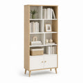 Bibliothèque haute rectangulaire en maquillage mélaminé avec 8 compartiments et 2 portes, chêne naturel et blanc, 80 × 30 × 180 cm