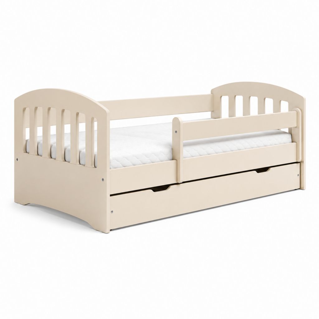 Lit pour enfants 80 × 160 cm avec tiroir de rangement, rive antichute, structure en MDF et filet en bois, beige crème