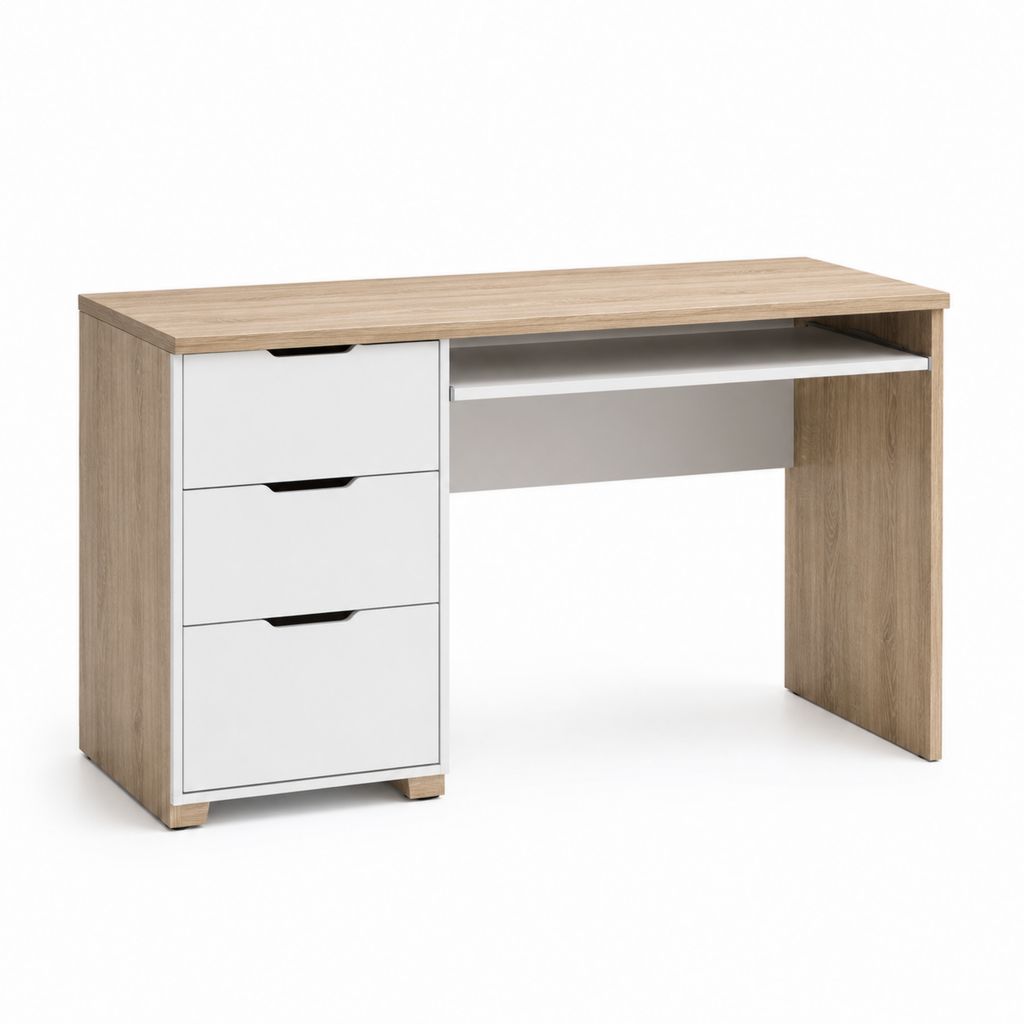 Bureau informatique avec 3 tiroirs et étagère amovible en panneau truillé chêne clair et blanc, 120 × 50 × 75 cm