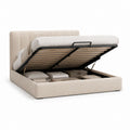 Lit double conteneur 160 × 200 cm en tissu beige avec filet à lattes et tête de lit rembourrée