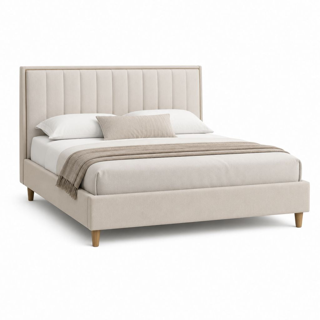 Lit double rembourré beige 170 × 215 × 115 cm pour matelas 160 × 200 cm avec tête de lit et revêtement en polyester